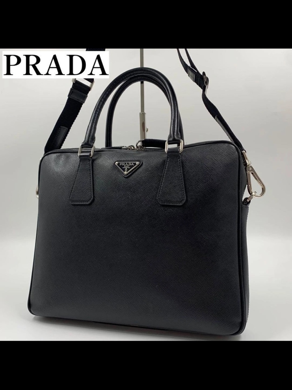 Prada Black Saffiano Leather Briefcase with Detachable Strap